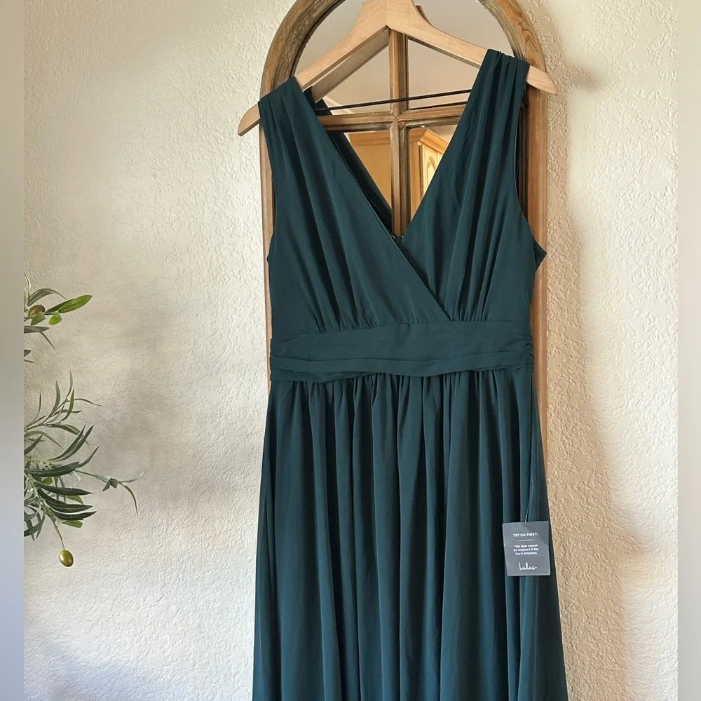 Lulus NWT Thoughts of Hue Emerald Green Surplice Maxi Dress Slit Formal Gown - Picture 4 of 10